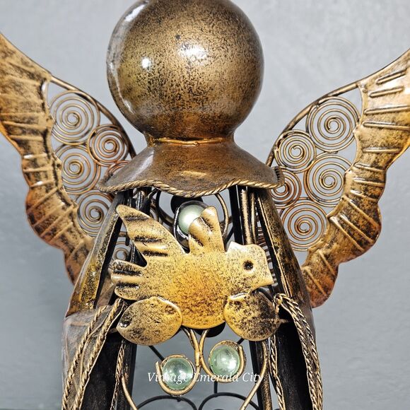 Vtg Metal Filigree Angel Garden Statue 15" Bronze Color Green Glass Taper Decor - Picture 11 of 12